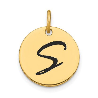 14K Gelbgold Polierter Buchstaben-Charm "S" mit schwarzem Emaille-Scheiben-Anhänger