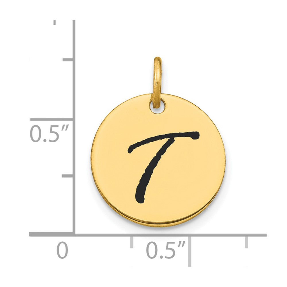 14K Gelbgold Polierter Scheiben-Charm mit schwarzem Emaille-Buchstaben T
