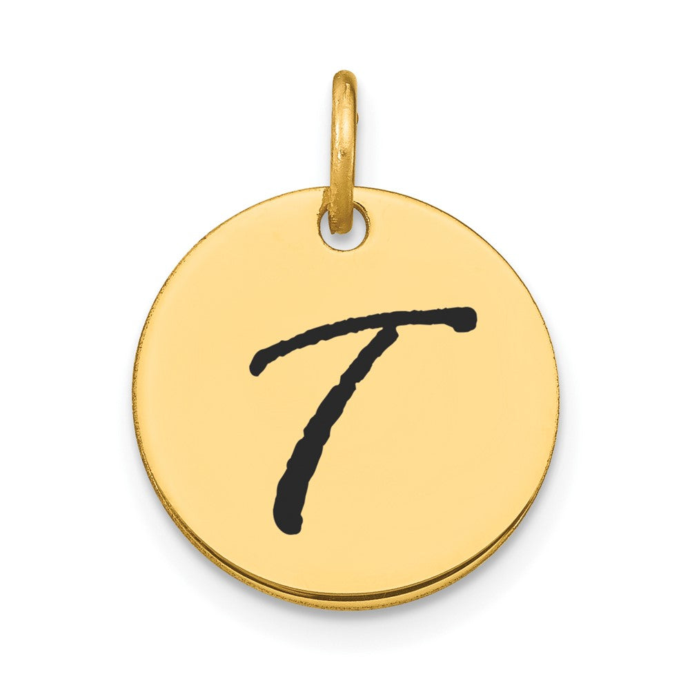 14K Gelbgold Polierter Scheiben-Charm mit schwarzem Emaille-Buchstaben T