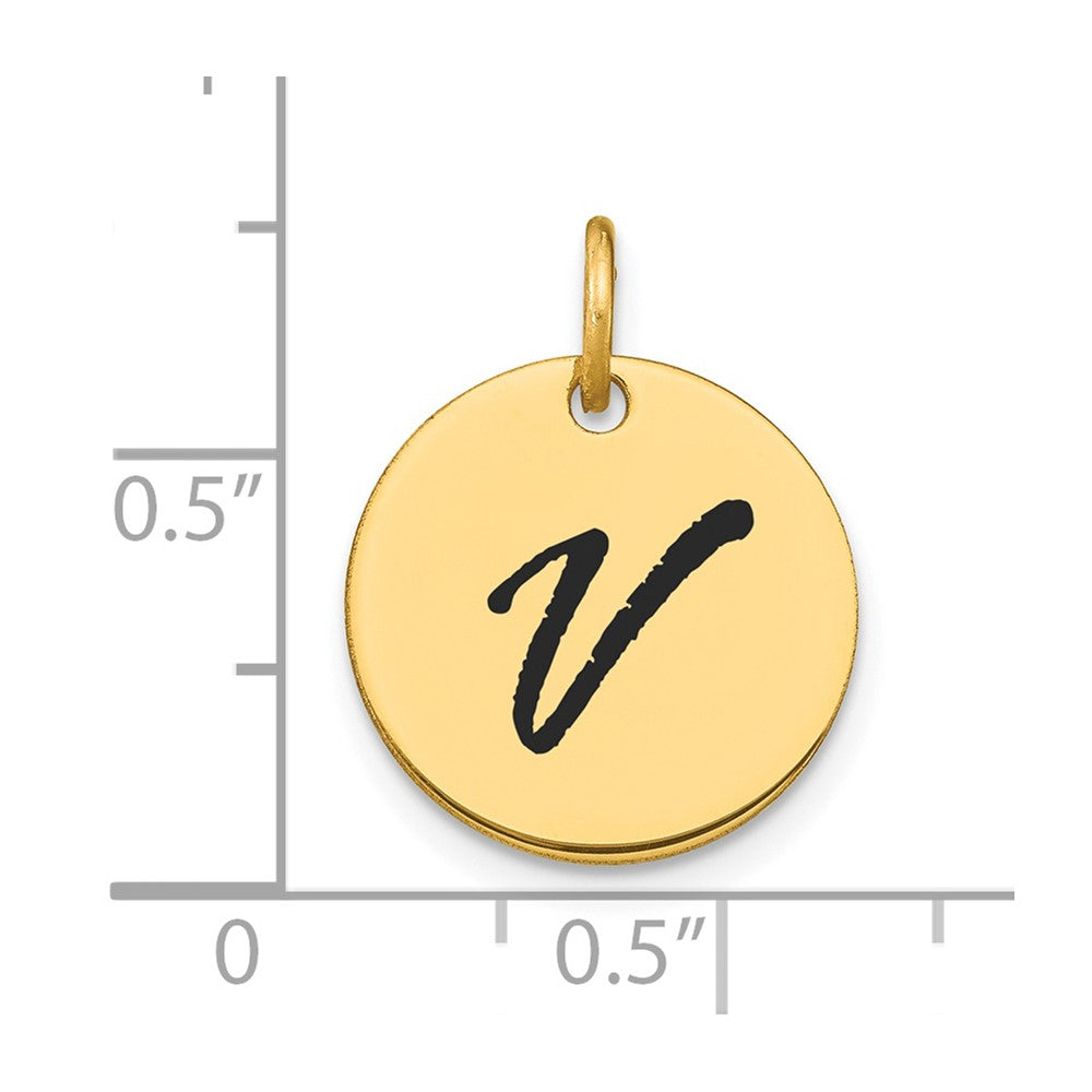14 Karat Gelbgold Polierter Buchstabe V Initial-Scheiben-Charm mit schwarzem Emaille
