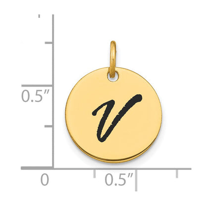 14 Karat Gelbgold Polierter Buchstabe V Initial-Scheiben-Charm mit schwarzem Emaille