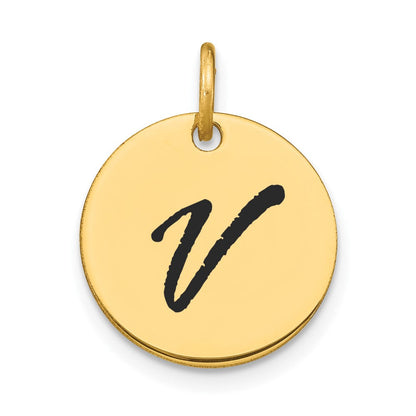 14 Karat Gelbgold Polierter Buchstabe V Initial-Scheiben-Charm mit schwarzem Emaille