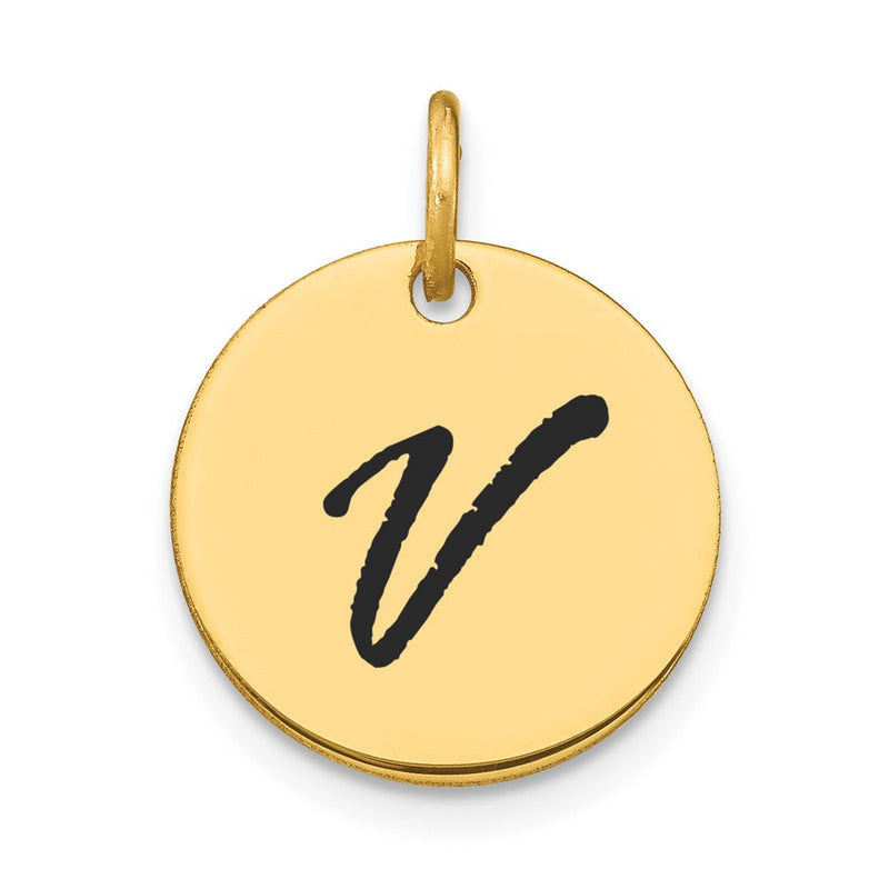 14 Karat Gelbgold Polierter Buchstabe V Initial-Scheiben-Charm mit schwarzem Emaille