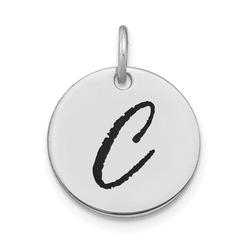 14K Weißgold Anhänger, poliert, mit schwarzer Emaille, Buchstabe C, Initial-Scheibe, Charm