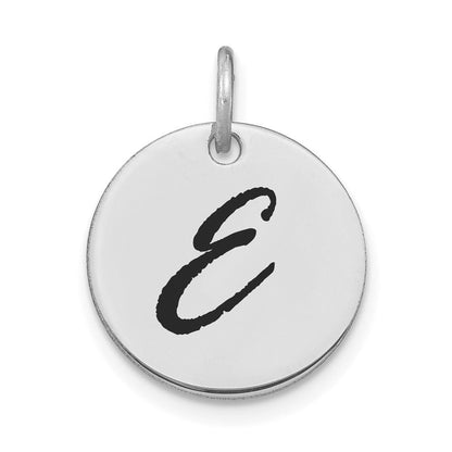 14K Weißgold polierter Buchstaben-Charm „E" mit schwarzer Emaille, Scheibe