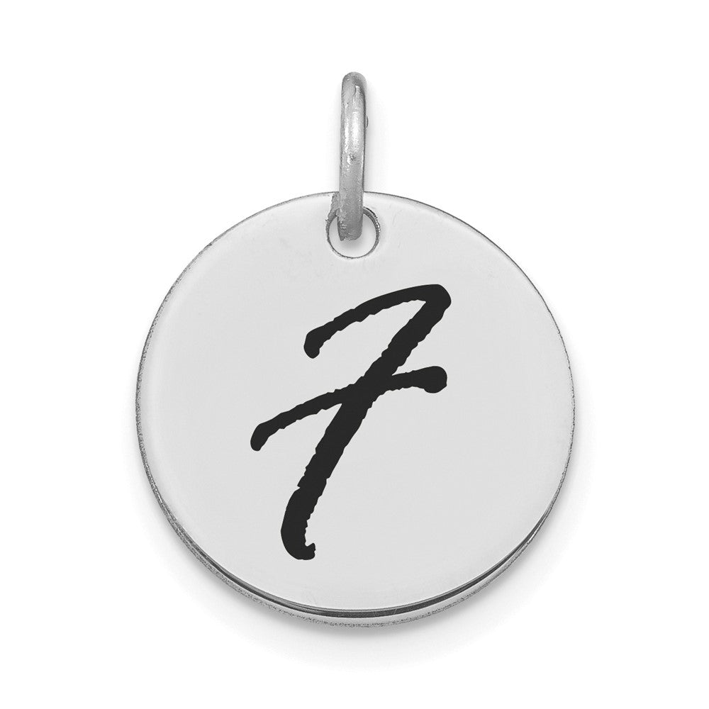 14K Weißgold Charm mit Scheibenanhänger, poliert, schwarz emailliert, Buchstabe F