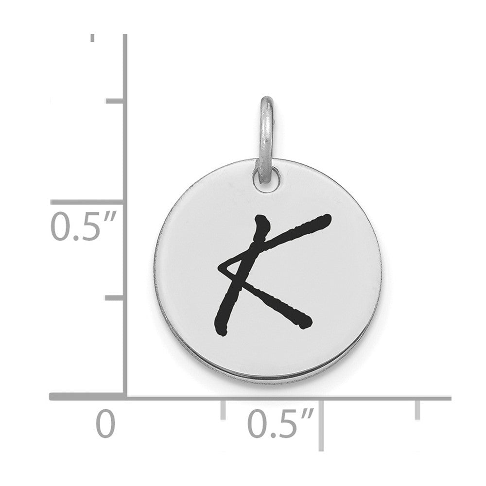 14K Weißgold Charm mit Scheibe, poliert, schwarzem Emaille und Buchstabe K