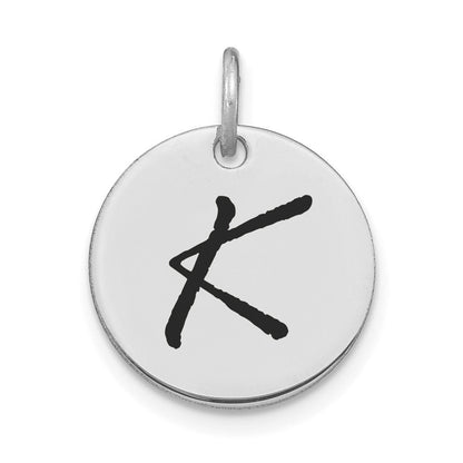 14K Weißgold Charm mit Scheibe, poliert, schwarzem Emaille und Buchstabe K