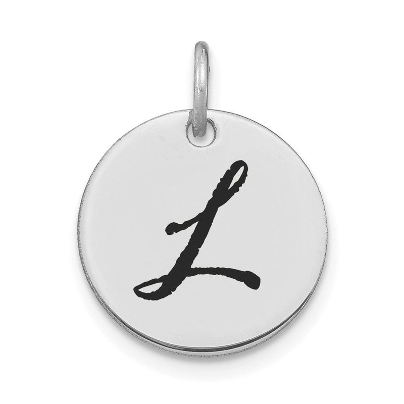 14k Weißgold polierter Charm mit schwarzem Emaille-Buchstabenanhänger "L" als Scheibe