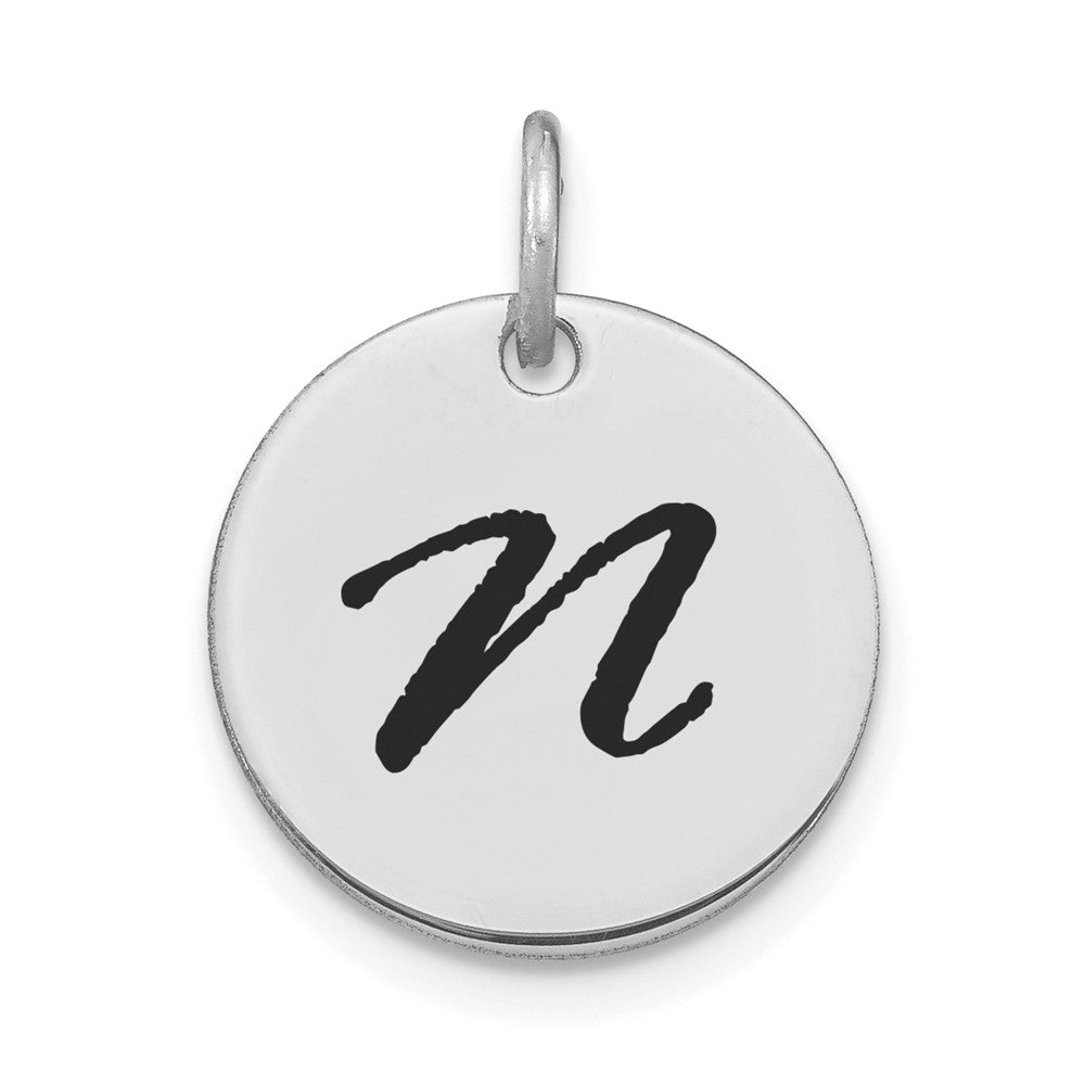 14K Weißgold Charm mit Scheibenanhänger, poliert, schwarz emailliert, Buchstabe N