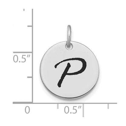 14K Weißgold Polierter Buchstabe P Initial-Scheiben-Charm mit schwarzem Emaille