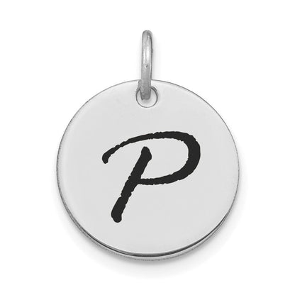 14K Weißgold Polierter Buchstabe P Initial-Scheiben-Charm mit schwarzem Emaille