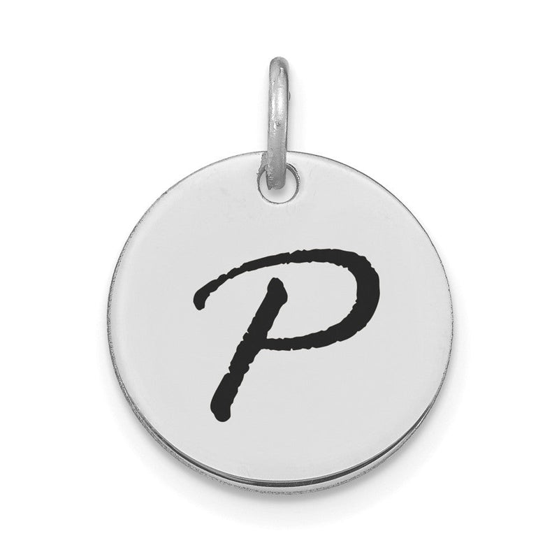 14K Weißgold Polierter Buchstabe P Initial-Scheiben-Charm mit schwarzem Emaille