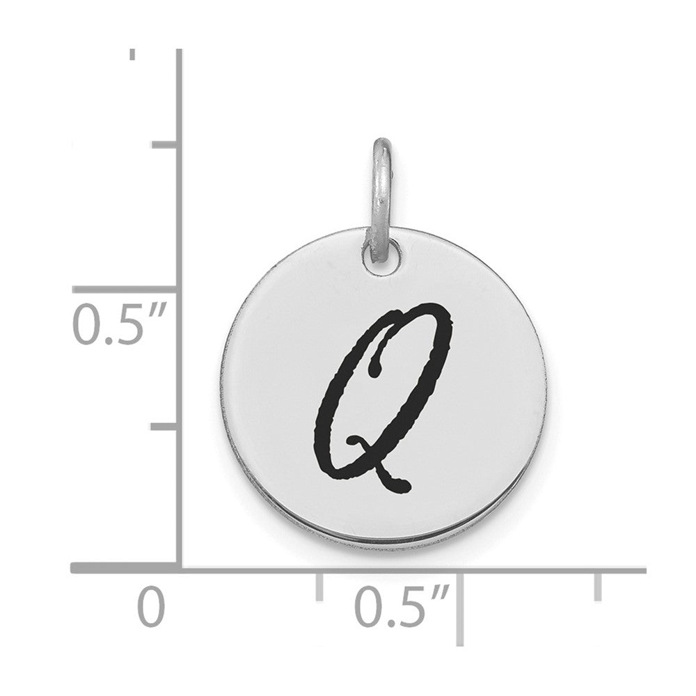 14K Weißgold Polierter Scheiben-Charm mit schwarzer Emaille und Initiale Q