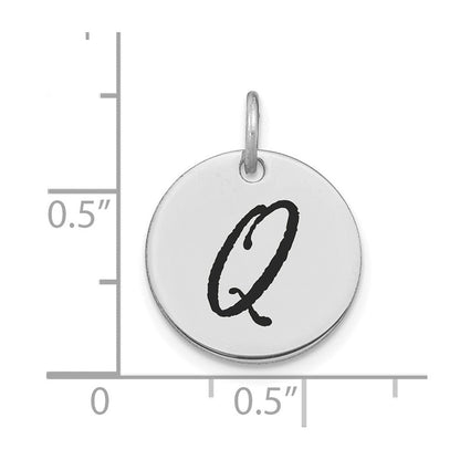 14K Weißgold Polierter Scheiben-Charm mit schwarzer Emaille und Initiale Q