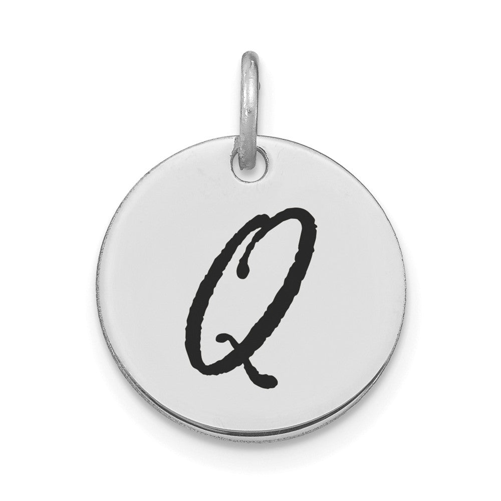 14K Weißgold Polierter Scheiben-Charm mit schwarzer Emaille und Initiale Q