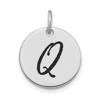 14K Weißgold Polierter Scheiben-Charm mit schwarzer Emaille und Initiale Q