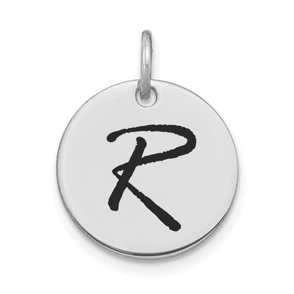 14K Weißgold Charm mit poliertem schwarzem Emaille-Buchstaben "R" Initial-Scheibe