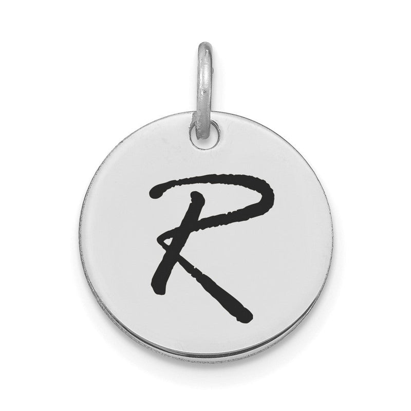 14K Weißgold Charm mit poliertem schwarzem Emaille-Buchstaben "R" Initial-Scheibe