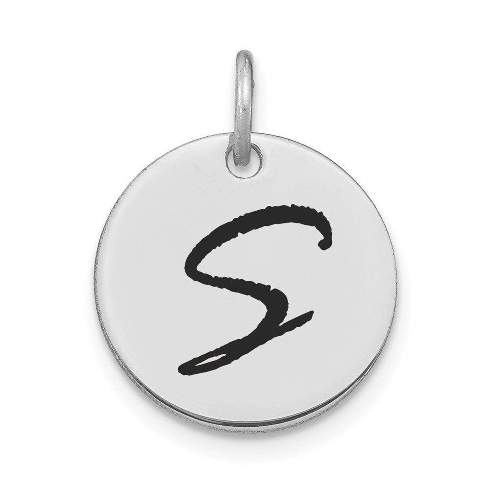 14K Weißgold Poliert Schwarz Emaille Buchstabe S Initial Scheibe Charm