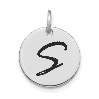 14K Weißgold Poliert Schwarz Emaille Buchstabe S Initial Scheibe Charm