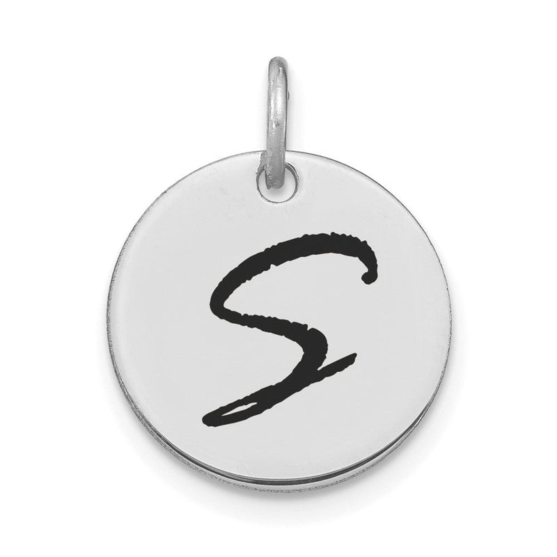 14K Weißgold Poliert Schwarz Emaille Buchstabe S Initial Scheibe Charm