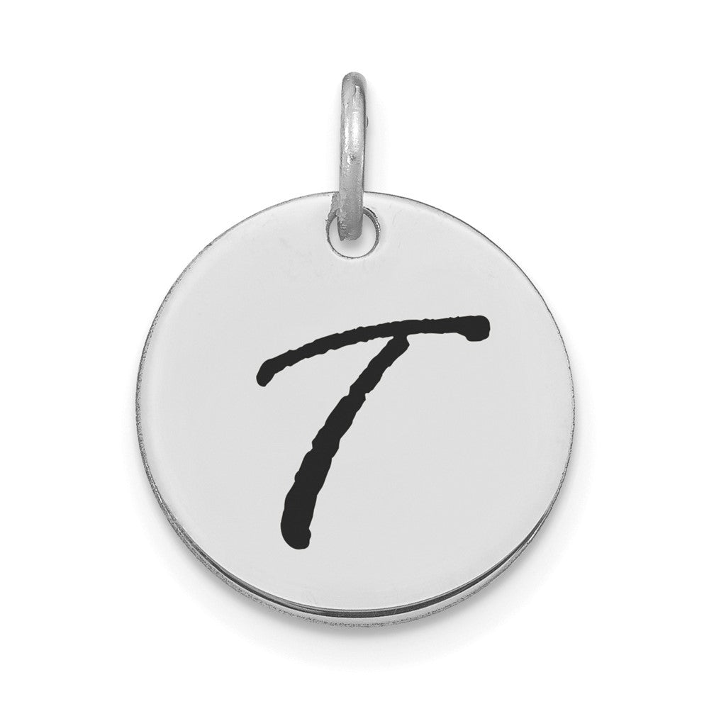 14K Weißgold polierter schwarzer Emaille-Buchstabe T Initial-Scheiben-Charm