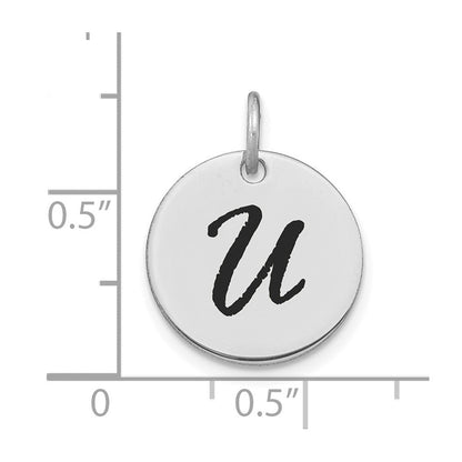 14K Weißgold polierter Buchstabe U Initial-Scheiben-Charm mit schwarzem Emaille
