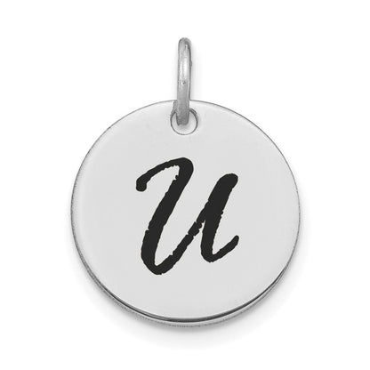 14K Weißgold polierter Buchstabe U Initial-Scheiben-Charm mit schwarzem Emaille