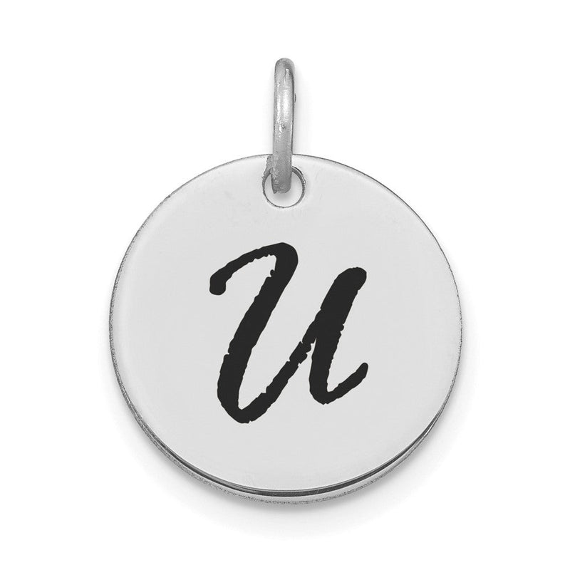 14K Weißgold polierter Buchstabe U Initial-Scheiben-Charm mit schwarzem Emaille