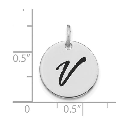 14K Weißgold Charm mit Poliertem Buchstaben-Anhänger „V" in Schwarzem Emaille-Design, Scheiben-Form