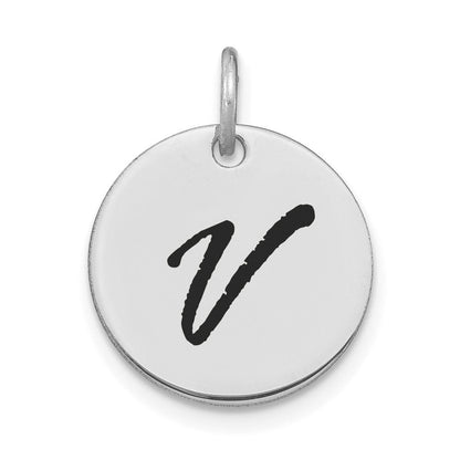 14K Weißgold Charm mit Poliertem Buchstaben-Anhänger „V" in Schwarzem Emaille-Design, Scheiben-Form