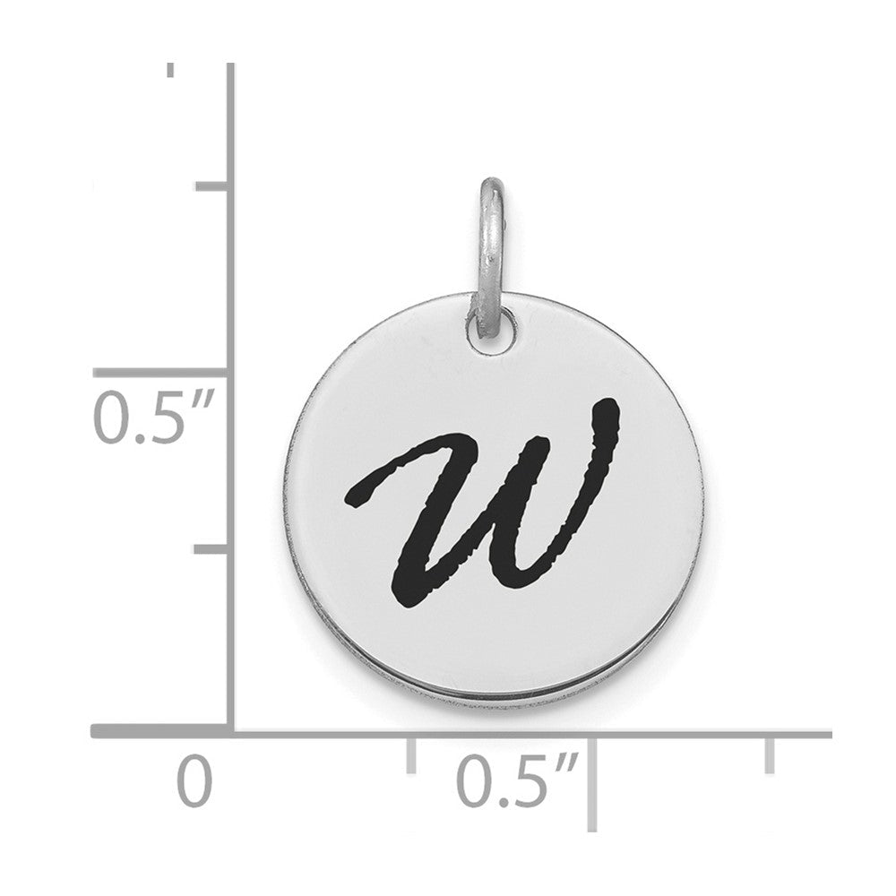 14K Weißgold Charm mit poliertem Scheibenanhänger, schwarz emailliert, Buchstabe W
