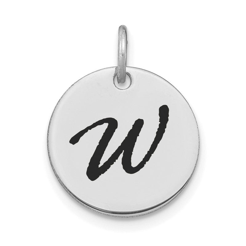 14K Weißgold Charm mit poliertem Scheibenanhänger, schwarz emailliert, Buchstabe W