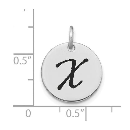 14K Weißgold Poliert Schwarz Emaille Buchstabe X Initial Scheiben-Charm