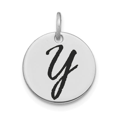 14K Weißgold Polierter Buchstabe-Y-Initial-Scheiben-Charm mit Schwarzer Emaille