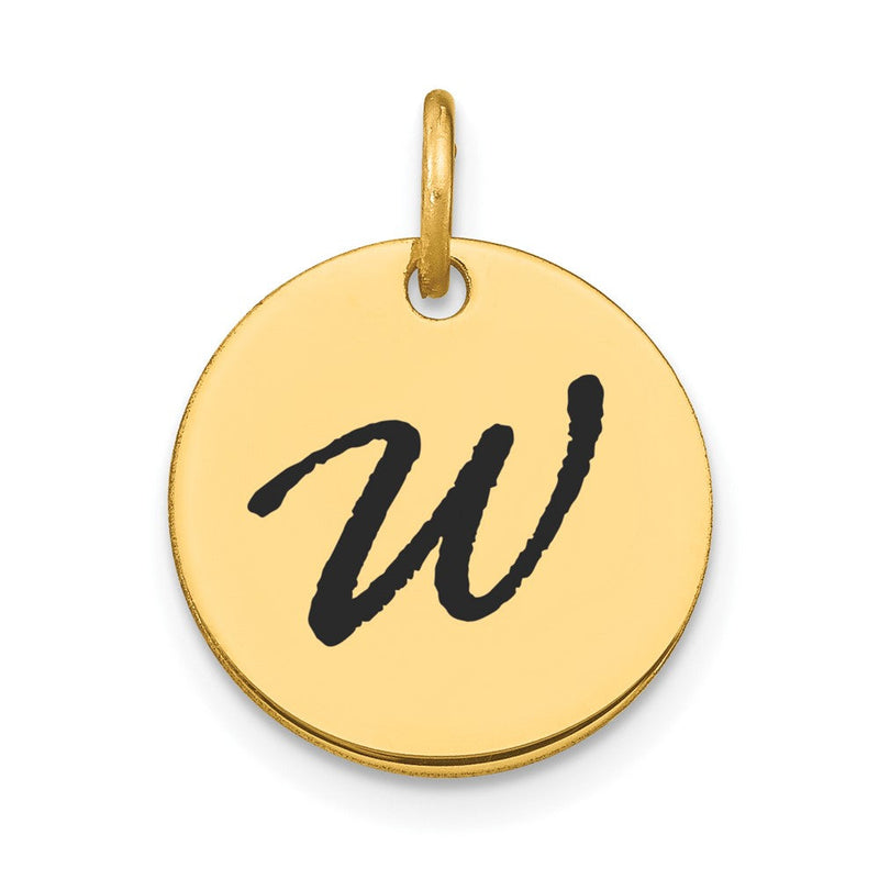 14K Gelbgold Polierter Scheiben-Charm mit schwarzer Emaille und Buchstabe „W