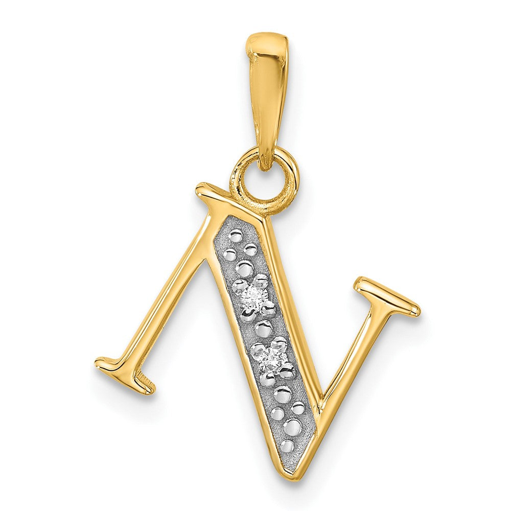 14K Gelb & Rhodium mit Rhodium Diamant Buchstabe N Initiale Anhänger