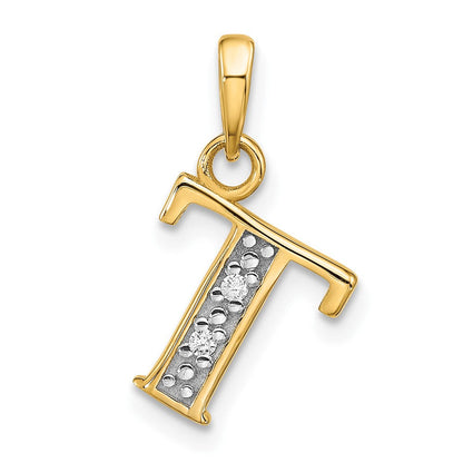 14K Gelb & Rhodium mit Rhodium Diamant Buchstabe T Initiale Anhänger