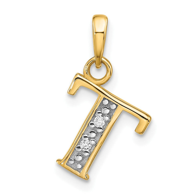 14K Gelb & Rhodium mit Rhodium Diamant Buchstabe T Initiale Anhänger