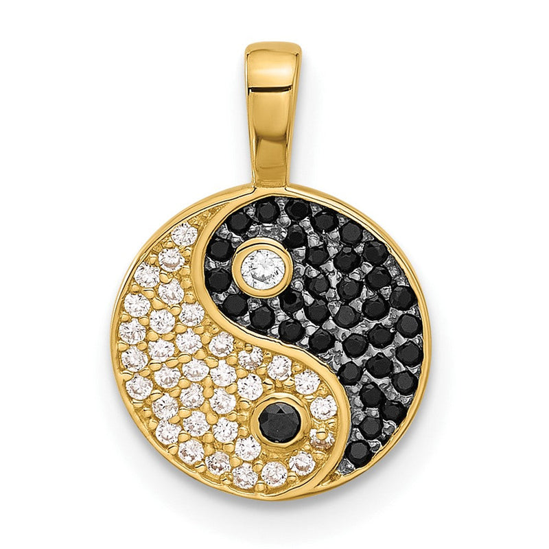 14K Gelb & Rhodium mit Rhodium Schwarz und Klar Zirkonia Yin und Yang Anhänger