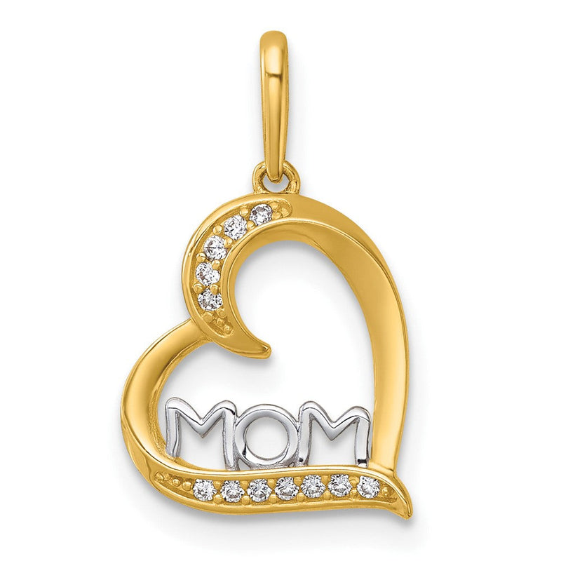 14K Gelb & Rhodium und Rhodiniert Poliert Zirkonia Mama Herz Anhänger