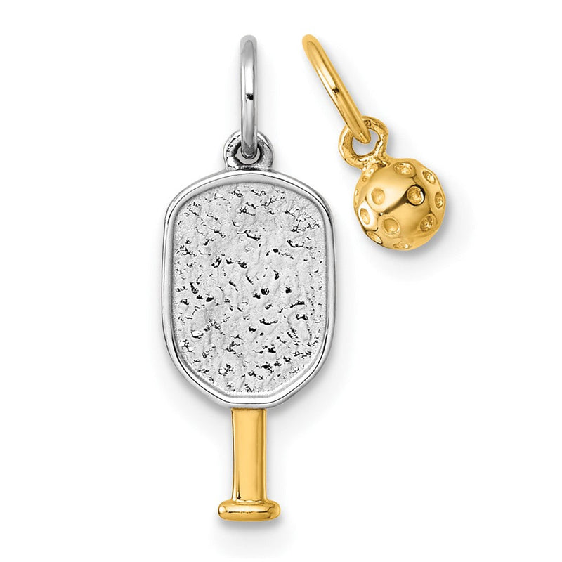14K Gelb & Rhodium mit Weiß Rhodium Pickleball Paddle und Kugel 2 Stück Anhänger Set