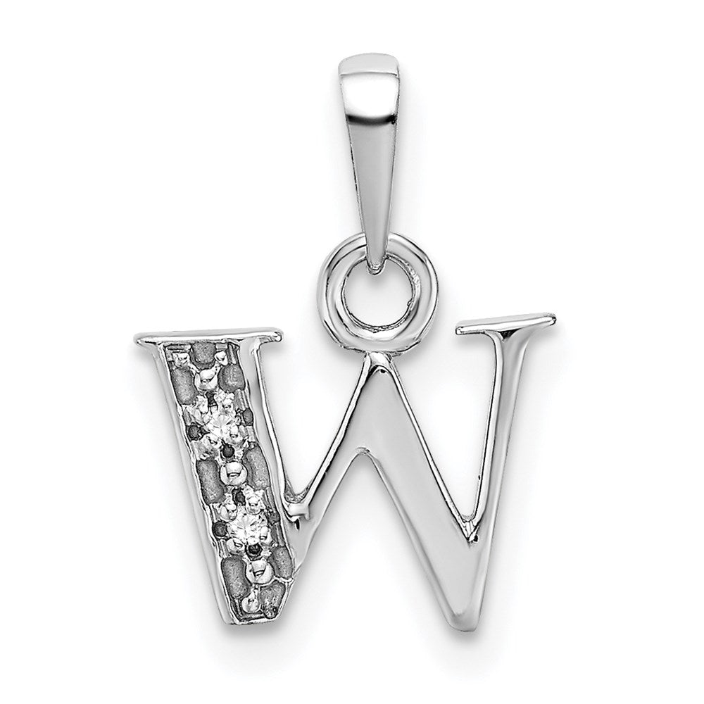 14K Weißgold polierter Charm-Anhänger mit Diamant, 0,01 ct., Buchstabe W