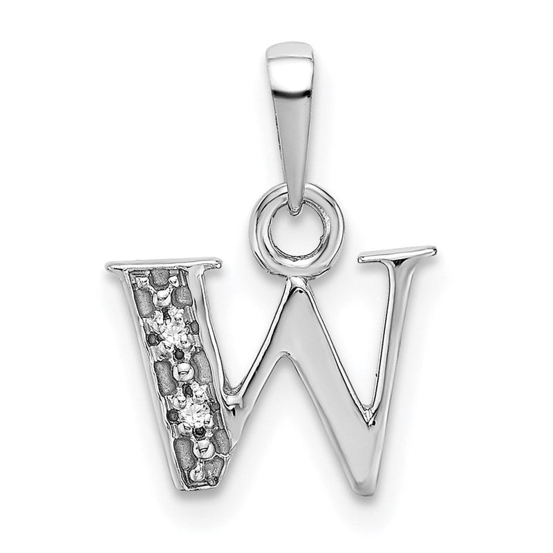 14K Weißgold polierter Charm-Anhänger mit Diamant, 0,01 ct., Buchstabe W