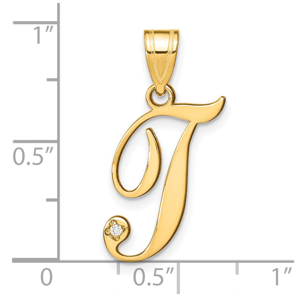 14K Gelbgold Schreibschrift Buchstabe T Initiale Anhänger mit Diamant