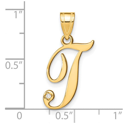 14K Gelbgold Schreibschrift Buchstabe T Initiale Anhänger mit Diamant