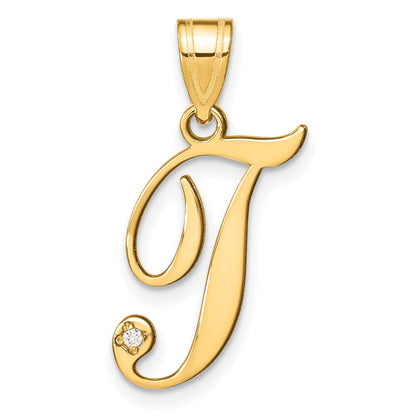 14K Gelbgold Schreibschrift Buchstabe T Initiale Anhänger mit Diamant