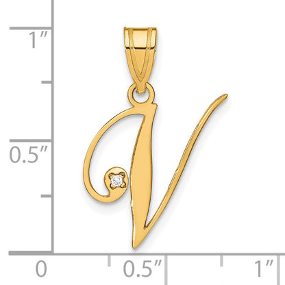 14K Gelbgold Schreibschrift Buchstabe V Initiale Anhänger mit Diamant