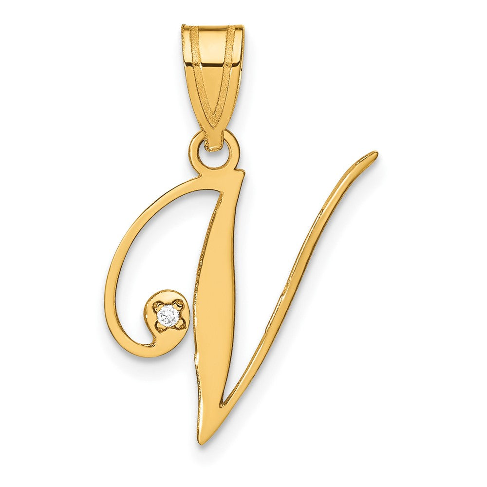 14K Gelbgold Schreibschrift Buchstabe V Initiale Anhänger mit Diamant